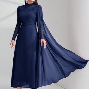 Navy Mesh Splicing Long Sleeve Dress Long Evening Dresses